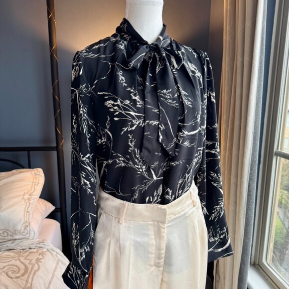 Black with Cream Plant Print Blouse - Picture 2 of 12